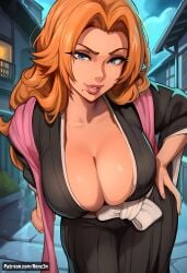 1girls ai_generated areolae artist_name bleach bleach:_the_thousand-year_blood_war blue_eyes breasts breasts_bigger_than_head cleavage comic english female female_only hair hand_on_hip hi_res high_resolution highres huge_breasts japanese_clothes jewelry kimono large_areolae large_breasts long_hair matsumoto_rangiku necklace nipples orange_hair patreon patreon_url pink_shawl renz3n shawl shihakusho straight uniform very_long_hair watermark