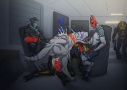alien all_fours anal anal_sex anthro anus bioware bodily_fluids clothing cum cum_in_ass cum_in_mouth cum_inside electronic_arts fellatio feral from_behind_position genital_fluids genitals group knot knotted_penis krogan male male/male mass_effect mounting nude oral penetration penile penis redgreendied salarian saliva sex sitting standing trio turian varren zoophilia