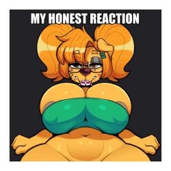 1:1 acne animated anthro areola big_breasts blinking bodily_fluids braces breast_jiggle breasts brown_eyes brown_hair buckteeth canid canine canis clothing crop_top cum cum_on_screen domestic_dog ejaculation eyeshadow eyewear fur genital_fluids genitals gerry_(dongitos) glasses gynomorph hair infinite_cum infinite_genital_fluids intersex jiggling lewdssonk looking_at_viewer makeup mammal navel orange_body orange_fur penis second-party_source shirt small_waist solo teeth topwear twintails_(hairstyle) wide_hips