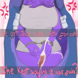 arthropod bodily_fluids bottomless caption caption_box captured clothed clothing cross-popping_vein cuff_(restraint) cum cum_drip cum_on_body cum_on_leg dripping duo ejaculation english_text erection female genital_fluids genitals handcuffed handcuffs hi_res humanoid insects jadejaded1 lepidopteran male male/female metal_cuffs neck_tuft penis purple_body pussyjob questionable_consent restraints sex simple_background space_station_13 ss14 text topwear tuft vulva wings