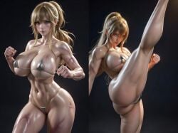 abs ai_generated athletic_female bikini blonde_hair calves determined facial_scar fighting_stance fist fists_clenched flexing_legs green_eyes hair_tie high_kick kicking large_ass legs looking_at_viewer micro_bikini original_character ponytail scars scars_all_over slim_waist thick_thighs toned voluptuous