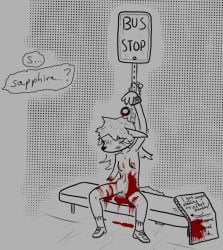 amputated anthro arctic_fox bench blood bodily_fluids bound breasts bruised bus_stop bus_stop_sign canid canine clothing corpse cuff_(restraint) death dialogue din_934 female footwear fox genitals gore hair halftone handcuffs handwritten_text high_heels long_hair mammal metal_cuffs missing_arm missing_limb offscreen_character outside public question_mark restraints sapphira_(lewdles) shoes sidewalk snuff tail text true_fox vulva wounded