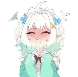 1boy ahoge blue_bow bow closed_eyes closed_mouth commentary cum cum_in_mouth cum_on_body densetsu.exe dress english_commentary facial flying_sweatdrops green_dress green_hair hairbow highres long_hair long_sleeves mint_fantome multicolored_hair ricegnat sleeves_past_fingers sleeves_past_wrists solo virtual_youtuber white_background white_hair