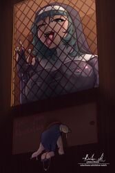 1girls areola big_areola big_breasts big_nipples breasts church confession_booth cyan_eyes cyan_hair doktor_malefic erect_nipples female gigantic_breasts handjob hoyoverse huge_breasts imminent_handjob jane_doe_(zenless_zone_zero) looking_at_viewer naughty naughty_face nipples nipples_visible_through_clothing nun nun's_habit nun_habit nun_hat nun_outfit open_mouth rat_ears rat_girl rat_tail saliva tongue tongue_out waiting zenless_zone_zero