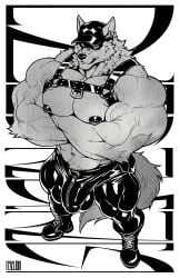 anthro bara barazoku big_bulge big_muscles big_pecs big_penis black_and_white boots bottomwear bulge canid canine canis clothing crossed_arms detailed_bulge dilf footwear furry genital_outline glistening glistening_bottomwear glistening_clothing glistening_pants harness hat headgear headwear hi_res leather leather_harness looking_at_viewer male mammal monochrome muscular muscular_anthro muscular_male muscular_thighs pants pecs penis_outline revelion romulus_(revelion) shoes solo tail tight_bottomwear tight_clothing tight_pants vein veiny_muscles wolf