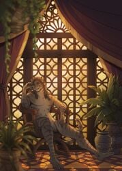 absurd_res anthro arm_support bulako_(dwayyo) chair curtains curtains_open dark_hair detailed_background digital_media_(artwork) dreadlocks felid flaccid fur furniture genitals grey_body grey_fur hi_res inside jewelry khajiit leaning_on_elbow male male_only mammal microsoft nude nude_anthro nude_male on_chair penis pink_nose plant red_eyes relaxing roughjaki sitting sitting_on_chair smile smiling_at_viewer smirk smirking_at_viewer smug solo striped_body stripes tasteful_nudity the_elder_scrolls warm_colors warm_lighting