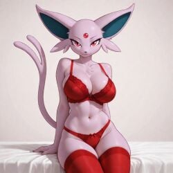 1girls ai ai_generated anthro big_breasts bra breasts ear eeveelution espeon female forehead_jewel frosting.ai fur generation_2_pokemon legwear looking_at_viewer nintendo nipple_outline non-nude panties pink_fur pink_tail pointy_ears pokemon pokemon_(species) red_eyes red_legwear red_lingerie red_underwear sitting sitting_down solo tail thick_thighs thighs tummy underwear