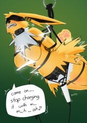 absurd_res anthro blindfold bondage bound clothed clothing collar eeveelution electricity fellpunk female generation_1_pokemon hi_res humanoid jolteon neckfluff nintendo paws piercing pokemon pokemon_(species) restraints rope rope_bondage rope_harness sex_toy solo through_clothing topless topless_female vibrator wand_vibrator