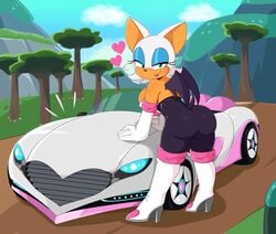 1girls anthro ass bat bent_over big_ass bimbo blue_eyeshadow boots car clothing eyeshadow female female_only heart jinu looking_at_viewer makeup mammal outside planet_wisp rouge_the_bat sega solo sonic_(series) tail tan_skin team_sonic_racing team_sonic_racing_overdrive tight_clothing white_hair