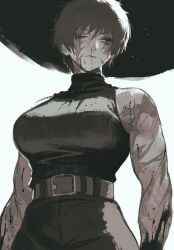 1girls absurd_res bare_shoulders belt black_pants black_shirt blood blood_on_face breasts burn_scar highres jujutsu_kaisen large_breasts muscular muscular_female nosebleed one_eye_closed scar scar_across_eye scar_on_face scars_all_over short_hair short_hair_female simple_background sleeveless solo solo_female tomatoketchup96 tomboy very_short_hair zenin_maki
