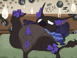 4:3 anthro anus avian balls bed bird black_body black_feathers blue_penis bodily_fluids claws clothing condom cum cum_on_wall deadlock empty_eyes english_description erection feathers feet filled_condom furniture genital_fluids genitals gryphon hat headgear headwear hi_res hybrid keys_den keysquid male messy mythological_avian mythological_creature mythology nightcap on_bed owl pajamas pawpads penis pillow rem_(deadlock) sexual_barrier_device shortstack solo tail tally_marks tapering_penis valve vein