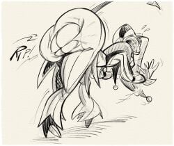 ass big_butt clothing embarrassed fizzarolli_(helluva_boss) fool's_hat hat headgear headwear hellaverse helluva_boss hi_res humanoid jester male nondelismell solo torn_clothing tripping