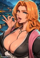 1girls ai_generated areolae artist_name bleach bleach:_the_thousand-year_blood_war blue_eyes breasts breasts_bigger_than_head cleavage comic english fellatio_gesture female female_only hair hi_res high_resolution highres huge_breasts japanese_clothes jewelry kimono large_areolae large_breasts long_hair matsumoto_rangiku necklace nipples orange_hair patreon patreon_url pink_shawl renz3n shawl shihakusho straight uniform very_long_hair watermark
