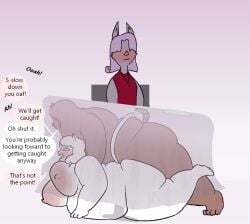 2026 anthro bat belly big_breasts blush bodily_fluids breasts brown_body brown_fur canid canine canis cat_diana_(oxkingky) dialogue domestic_cat domestic_dog embarrassed english_text felid feline felis female from_behind_position fur group hair male male/female mammal obese obese_anthro obese_female obese_male overweight overweight_anthro overweight_female overweight_male oxkingky public public_sex sex stealth_sex sweat text trio under_table under_table_sex white_body white_fur white_hair wilfred_(oxkingky)