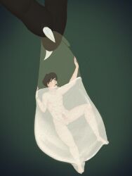 2020 alternative_fashion black_hair condom danny_(kitsunaki) drowning_in_cum emo erection femboy filled_condom hair hi_res human humanoid male mammal nude sexual_barrier_device simple_background solo trapped_in_condom unknown_artist wristband