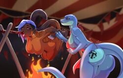 absurd_res amphibian anthro apron apron_only ass barbecue barefoot betrayal blood blue_body blue_hair bodily_fluids branded brush capuchin_monkey cebid circus circus_tent clothing cooking death drooling duo eve_mbweni eyebrow_piercing eyes_rolled_up facial_piercing fatal fatal_vore feet fellatio female female/female female_prey freckles glistening glistening_body gore gynomorph hair hairless haplorhine hi_res impalement intersex intersex/female living_latex living_sex_doll makeup mammal monkey new_world_monkey nude oral paintbrush penile piercing primate questionable_consent red_eyes running_makeup salamander salisha saliva sex soles spitroast spitting stitch_(sewing) story story_in_description stuffing taystie_park tenebron tongue tongue_piercing vore