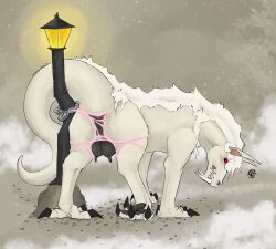 2026 absurd_res angry animal_genitalia animal_vulva ass black_claws black_pawpads black_vulva blush blush_lines chains claws cloaca clothed clothing dragon equid equine equine_genitalia equine_vulva eyelashes fangs female feral ferocious_ferals fog foggy_background fur furred_dragon furred_scalie genitals hi_res horse hybrid light_pole lock locked mammal mane morgra mythological_creature mythological_scalie mythology padlock panties panties_only pawpads pebble pink_clothing pink_panties pink_underwear pointy_ears presenting presenting_cloaca presenting_hindquarters presenting_vulva quadruped rear_view red_eyes sabertooth_(anatomy) scalie signature simple_background solo street_lamp tail tan_background tan_body teats teeth topless torn_clothing torn_panties torn_underwear udders underwear underwear_only vulva white_mane wingless_dragon