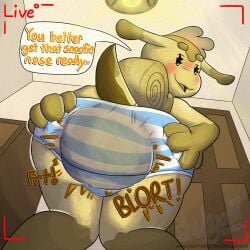 anthro ass blue_clothing blue_panties blue_underwear blush blush_lines bottomwear clothing crouching crouching_over_viewer dialogue feces feces_bulge female gastropod hand_on_butt hi_res looking_back low-angle_view mollusk panties pattern_bottomwear pattern_clothing pattern_panties pattern_underwear presenting presenting_hindquarters recording scat shadyadi snail soiling soiling_panties soiling_underwear solo striped_bottomwear striped_clothing striped_panties striped_underwear stripes teasing teasing_viewer underwear white_clothing white_panties white_underwear