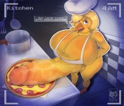 anthro ass avian balls balls_as_breasts balls_as_fake_breasts big_balls big_breasts big_butt big_penis bird bodily_fluids breasts camera camera_view chesticles chica_(fnaf) chicken fake_breasts five_nights_at_freddy's food food_fetish food_play foreskin futanari galliform genitals gynomorph hand_on_penis hi_res high-angle_view huge_balls huge_breasts huge_cock hyper hyper_balls hyper_breasts hyper_genitalia hyper_penis intersex kitchen kitchen_utensils mirok overweight penis penis_on_food phasianid pizza scottgames solo speech_bubble sweat sweatdrop sweaty_balls sweaty_breasts sweaty_genitalia text tools vein veiny_penis wide_hips