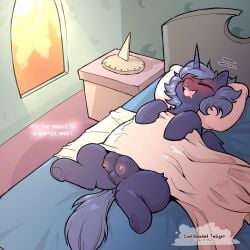 2026 alicorn animal_genitalia animal_vulva bed bed_sheet bedding blue_body blue_fur blue_hair bodily_fluids closed_eyes cold-blooded-twilight english_text equid equine equine_genitalia equine_vulva female feral friendship_is_magic fur furniture genitals hair hasbro hi_res hooves horn lying mammal my_little_pony mythological_creature mythological_equine mythology nipples on_back on_bed pillow princess_luna_(mlp) quadruped saliva solo teats teeth text tongue unicorn_horn vulva wings