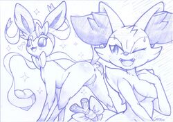 2girls all_fours anthro anus ass blush bow braixen breasts canine duo ears_up eeveelution eyelashes feet female female_only feral fluffy_ears fullfolka furry heart hi_res inner_ear_fluff inviting long_ears looking_back mammal markings monochrome nintendo one_eye_closed open_mouth paws pokémon_(species) pokemon pokemon_(species) pokemon_xy presenting presenting_hindquarters pussy pussy_juice raised_tail ribbons size_difference sketch snout socks_(marking) stick sweat sylveon teeth tongue video_games wink