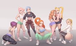 6+girls 7girls aqua_eyes ass big_ass bimbo blackingyourwaifu blonde_hair braided_hair braided_twintails brunette butt dark-skinned_female dat_ass eyelashes female female_only green_eyes hoop_earrings large_breasts multiple_boys multiple_girls red_eyes red_hair squatting straight thong_leotard v