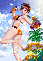 1girls ass bikini blizzard_entertainment brown_eyes brown_hair feet female female_only legs looking_at_viewer overwatch solo swimsuit torn-s tracer underboob weapon