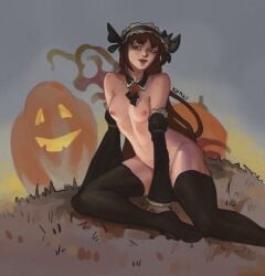 brown_hair collar female game halloween housemaid kvaziart_(artist) maid mlbb mobile_legends mobile_legends:_bang_bang nude pale_skin pink_nipples pumpkin pussy selena_(mobile_legends) small_breasts small_tits stockings young younger_female