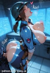 1boy 1girls ai_generated biohazard blue_eyes blush brown_hair capcom cleavage clothing doggy_style female female_focus female_on_cloth grabbing heart heart_symbol hi_res hips_grab indoors jill_valentine klexyai light_skin lipstick male open_mouth penis penis_in_pussy police police_uniform resident_evil short_hair side_view uncensored uncomfortable uniform watermark wide_hips