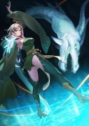 final_fantasy final_fantasy_iv rydia green_eyes green_hair breasts dutch_angle dragon thighhighs green_thighhighs long_hair big_breasts upskirt underwear panties green_underwear green_panties dress magic_circle pantyshot pantyshot_(standing) commentary_request highres