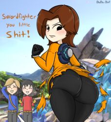 1girls 2boys alternate_version_available angry ass ass_focus battlefield_(super_smash_bros) big_ass big_butt bimbo breasts brown_hair butt_focus curvy dat_ass dodo-bot female highres huge_ass huge_butt looking_back mii mii_brawler mii_gunner mii_gunner_(smash_4) mii_swordfighter mob_face multiple_boys nintendo skintight super_smash_bros. super_smash_bros._for_nintendo_3ds_and_wii_u torn_clothes