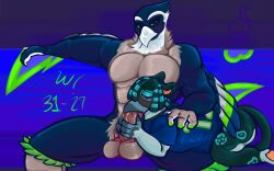 andromorph anthro avian backrub balls beak beak_fetish beak_play beak_sex beakjob bench bird blitz_the_seahawk blue_body blue_feathers blush bodily_fluids clothing colored_line_art corvid dreadlocks drooling duo feathers genitals gryphon hi_res intersex intersex/male jersey laid_back leopard_spots lidded_eyes magpie_(corvid) male mascot muscular muscular_male mythological_avian mythological_creature mythology nfl nightspades oral oral_penetration oscine passerine penetration penis penis_grab rye_(nightspades) saliva seahawk seattle_seahawks sex shirt sitting spots spread_legs spreading teal_body teal_feathers topwear