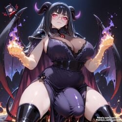 ai_generated big_bulge demon demon_girl demon_horns demon_tail dress fangs fire glasses huge_breasts huge_bulge luxvyne luxvyne_(character) red_eyes succubus vampire wide_hips