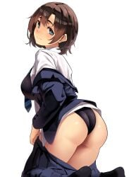 ass black_one-piece_swimsuit blue_eyes blue_jacket blue_skirt breasts brown_hair commentary_request female female_only highres jacket kekemotsu kneeling large_breasts long_sleeves looking_at_viewer looking_back necktie off_shoulder one-piece_swimsuit original shirt short_hair skirt smile swimsuit thighs white_shirt
