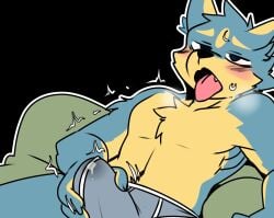 anthro athletic athletic_male blue_body blue_fur blush bodily_fluids briefs briefs_only canid canine canis clothed clothing domestic_dog dripping fur genital_fluids genitals hi_res imminent_masturbation male mammal meme motion_lines narrowed_eyes navel no_nut_november pecs penis precum precum_drip saku1saya seiya_(saku1saya) sitting solo steam sweat sweatdrop temptation tongue tongue_out topless touching_penis twitching underwear underwear_only yellow_body yellow_fur