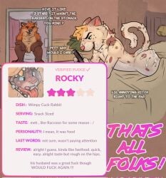 after_vore animal_genitalia anthro ass baileyx balls bathroom bed bedroom blonde_hair blue_eyes blush bodily_fluids buckteeth canid canine claws colored cuck_vore cuckold cum cum_on_butt dialogue disposal domestic_cat duo electronics english_text fatal_vore feet_first felid feline felis flaccid forced fox fur furniture genital_fluids genitals gold_(metal) gold_tooth gulpr hair hi_res inside lagomorph larger_pred last_look leaving_review leporid male male/male male_pred male_prey mammal mean nude on_bed oral_vore orange_body orange_fur penis phone plant prey_description rabbit raised_tail rating_scale scared sheath sitting sitting_on_toilet size_difference smile social_media tail teeth text that's_all_folks the_end toilet tongue unwilling_prey vore willing_pred