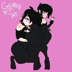 2boys ass backsack blush bottom_heavy bulge bulge_through_clothing choker clothed cubit_d_alien detached_sleeves femboy femboy_only goth lavey lavey-otokonoko male male_only midriff original original_character painted_nails platform_heels presenting_hindquarters selfcest skuruw0 small_penis spreading_ass sweat