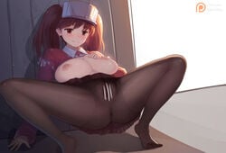 alternate_breast_size anus ass black_legwear blush breasts brown_eyes brown_hair censored crotch_seam feet female japanese_clothes kantai_collection kariginu large_breasts magatama magic_xiang nipples pantyhose pleated_skirt pussy red_shirt ryuujou_(kantai_collection) shirt shirt_lift skirt solo thighs twintails visor_cap