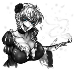 07th_expansion animated animated_gif beatrice_(umineko) breast_expansion cleavage clothing expansion female growth huge_breasts kiseru monochrome pipe smug thegoldensmurf umineko_no_naku_koro_ni