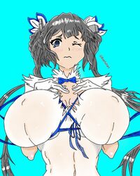 black_hair blue_eyes breasts dungeon_ni_deai_wo_motomeru_no_wa_machigatteiru_darou_ka erect_nipples female hestia_(danmachi) huge_breasts long_hair one_eye_closed oppai_mochi solo tagme twintails upper_body_focus