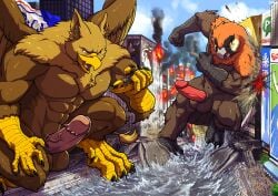 4_toes 5_fingers abs accipitrid accipitriform anthro avian balls beak bearded_vulture biped bird brown_body brown_fur building building_destruction carpo city city_background city_crushing city_destruction cityscape claws destruction duo erection extreme_size_difference feathered_wings feathers feet finger_claws fingers fire fur genitals gryphon hi_res house humanoid_genitalia humanoid_penis landscape_dwarfing macro macro_anthro macro_male male muscular muscular_anthro muscular_male mythological_avian mythological_creature mythology nude old_world_vulture open_mouth outside pawpads paws pecs penile penis rampage river sergey_(abiki) ship size_difference sky smile stomping tail tatugon toe_claws toes vehicle vehicle_destruction vein veiny_penis vulture watercraft wings