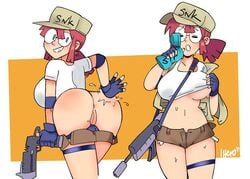 1girls 1her00 2019 artist_name ass back_view brown_hair dated female female_focus female_only fingerless_gloves fio_germi glasses gun hair hat holding holding_weapon human metal_slug panties_down pants_down pussy shorts snk solo solo_focus sweat t-shirt tank_top underboob vagina video_games water_bottle