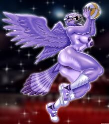 absurd_res anthro avian basketball beak bird blurred_background clothing corvid corvus_(genus) eyewear feathered_wings feathers female footwear glasses heartlessangel3d hi_res legwear mostly_nude nipples open_mouth oscine passerine purple_body purple_feathers purple_nipples raven shoes solo tail tail_feathers violet_(golden_state_valkyries) wings wnba yellow_eyes