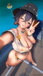 1girls 3d :p absurd_res alternate_breast_size alternate_costume belle_(summer_skies)_(zenless_zone_zero) belle_(zenless_zone_zero) big_ass big_breasts cleavage female high_heels highres kairokayn looking_at_viewer official_alternate_costume one_eye_closed see-through see-through_clothing selfie short_tail swimsuit thick_thighs tongue tongue_out twintails wide_hips wink zenless_zone_zero