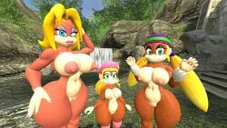 3d 3d_(artwork) 3girls alternate_version_available ape big_breasts big_thighs blonde_hair blue_eyes breasts brown_fur candy_kong curvy dixie_kong donkey_kong_(series) earrings eyeshadow female female_only fur green_eyes half-closed_eyes hat kabalmystic_(style) light_skin lips lipstick nail_polish naked nintendo nipples nude outdoors pink_lipstick pink_nail_polish pink_nails ponytail pussy shoulder_length_hair teal_eyes thhypercombine12 thick thick_hips thick_thighs thighs tied_hair tiny_kong trio twintails violet_eyeshadow wide_hips