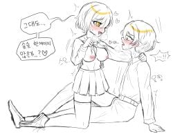 areolae belt blonde_hair blush boner breasts breasts_out clothing clothing_aside collared_shirt dialogue don_quixote_(limbus_company) drooling fangs flashing flashing_breasts flustered fully_clothed hand_on_neck heart korean_text limbus_company miniskirt navel necktie nipples open_mouth pleated_skirt presenting_breasts project_moon shiram_(artist) shirt_lift shoes simple_background sinclair_(limbus_company) sitting skirt speech_bubble stockings tongue tongue_out translation_request