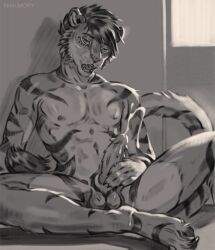 animal_genitalia animal_penis anthro areola balls bodily_fluids cum cumshot digital_media_(artwork) ejaculation erection feet felid feline feline_genitalia feline_penis fingers fur genital_fluids genitals greyscale hair hand_on_penis looking_at_viewer male mammal masturbation monochrome nikkimory nipples nude open_mouth orgasm orgasm_face pantherine pecs penile penile_masturbation penile_spines penis simple_background sitting solo spread_legs spreading striped_body stripes tail tiger toes