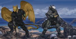 4_toes 5_fingers abs anthro avian balls balls_outline beach beak biceps biped black_body boots brown_body building building_destruction bulge carpo claws clothed clothing destruction detailed_bulge dragon duo elkaart erection erection_under_clothing eyewear feathered_wings feathers feet finger_claws fingerless_gloves fingers footwear fur gear genital_outline genitals glasses gloves gryphon hair handwear hi_res house macro macro_anthro macro_male male military muscular muscular_anthro muscular_male mythological_avian mythological_creature mythological_scalie mythology outside paws pecs penile penis penis_outline purple_eyes rampage scalie sea seaside ship shoes sig_(me-havoc) sky smile tail toe_claws toes vehicle vehicle_destruction warship water watercraft wearing_glasses white_body white_fur white_hair wings