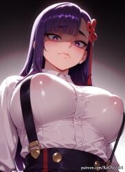 2025 ai_generated anime bangs black_skirt blunt_bangs blush breasts cleavage closed_mouth collared_shirt covered_nipples crossover eye_contact female female_focus flushed from_below hair_accessory hair_ornament high-waist_skirt highres huge_breasts large_breasts lips long_hair long_sleeves looking_at_viewer looking_down low_angle mato_seihei_no_slave neutral_expression nsfw patreon patreon_username purple_eyes purple_hair rognezart see-through shaded_face shirt skirt solo suspender_skirt suspenders upper_body very_long_hair white_shirt yamashiro_ren