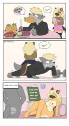 absurd_res anthro bed bedroom breasts canid canine canis clothed clothing comic condom domestic_dog duo eating exercise female food fruit furniture german_shepherd herding_dog hi_res julia_clariken_(pencil_bolt) male male/female mammal nude pastoral_dog pencil_bolt pillow plant push-up sexual_barrier_device tongue tongue_out wolf